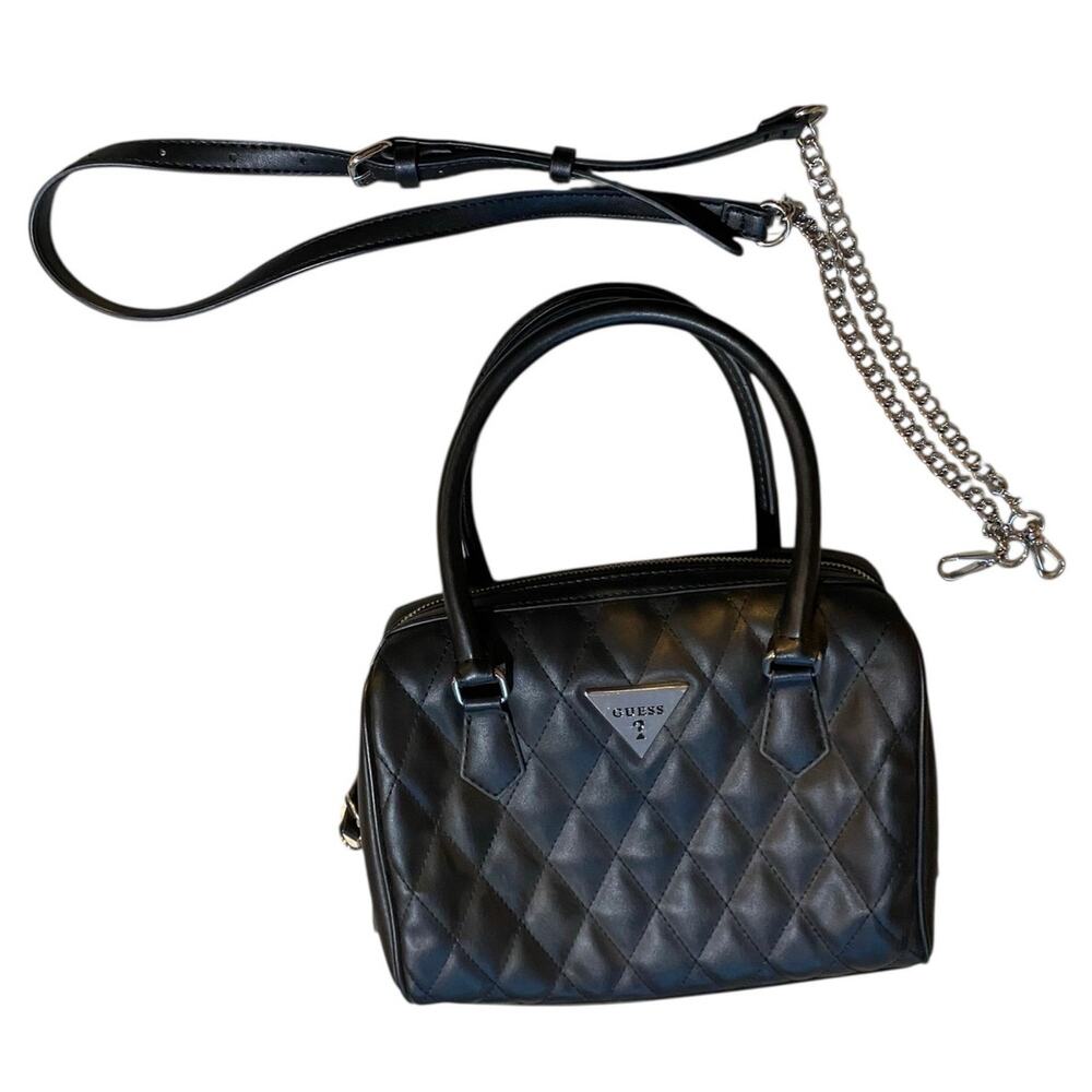 Guess Cessily Quilted Boxed Satchel Handbag Black Vegan Faux Leather Crossbody‎ - Picture 5 of 14